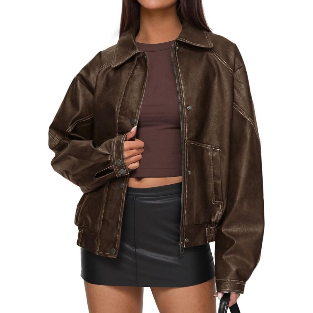 Women's Brown Faux Leather Jacket With Button Details And Relaxed Fit